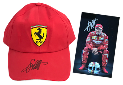 Original signierte  Ferrari Cap und Autogrammkarte von Sebastian Vettel!